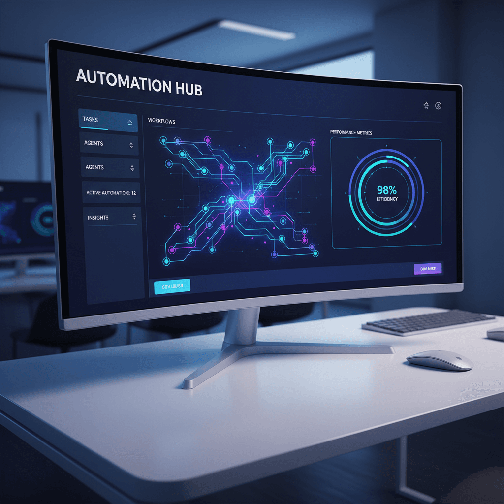 AI automation dashboard with workflow visualizations