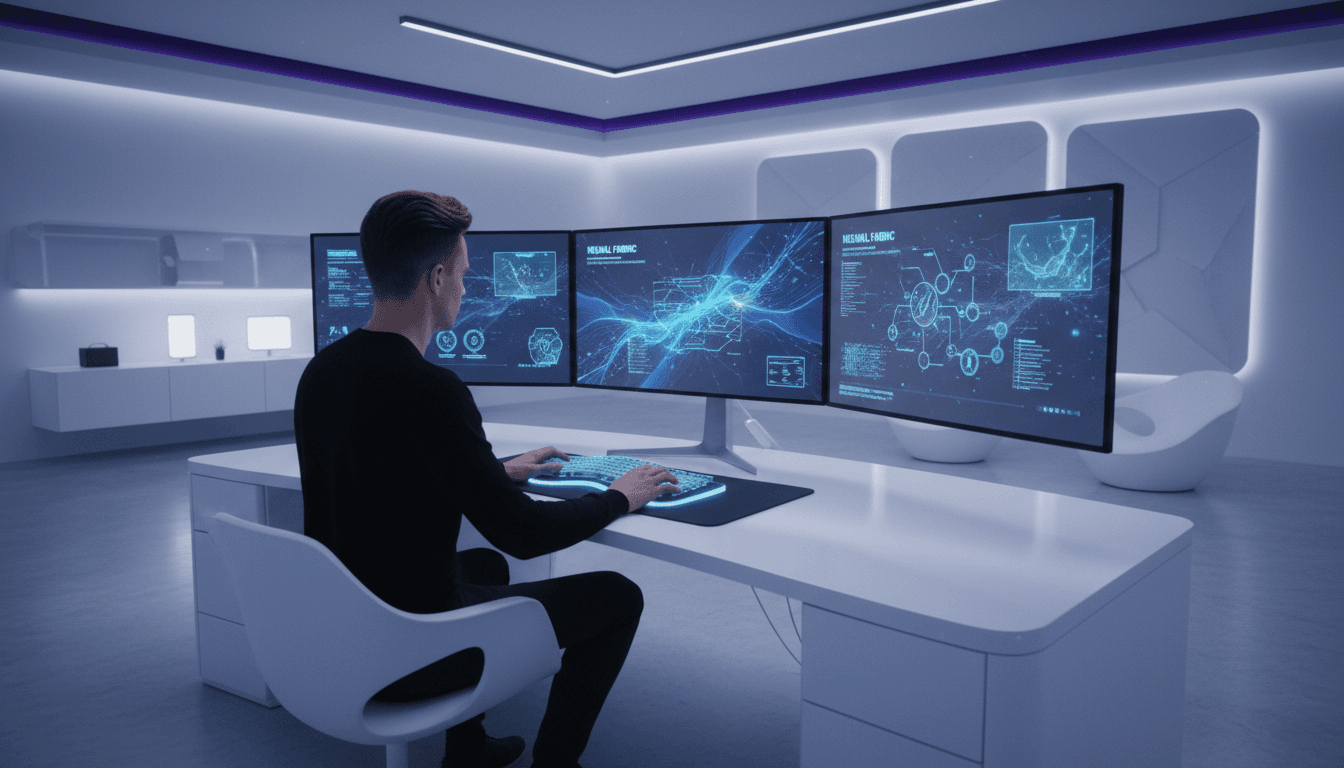 Modern tech workspace with developer working on AI solutions and data visualizations