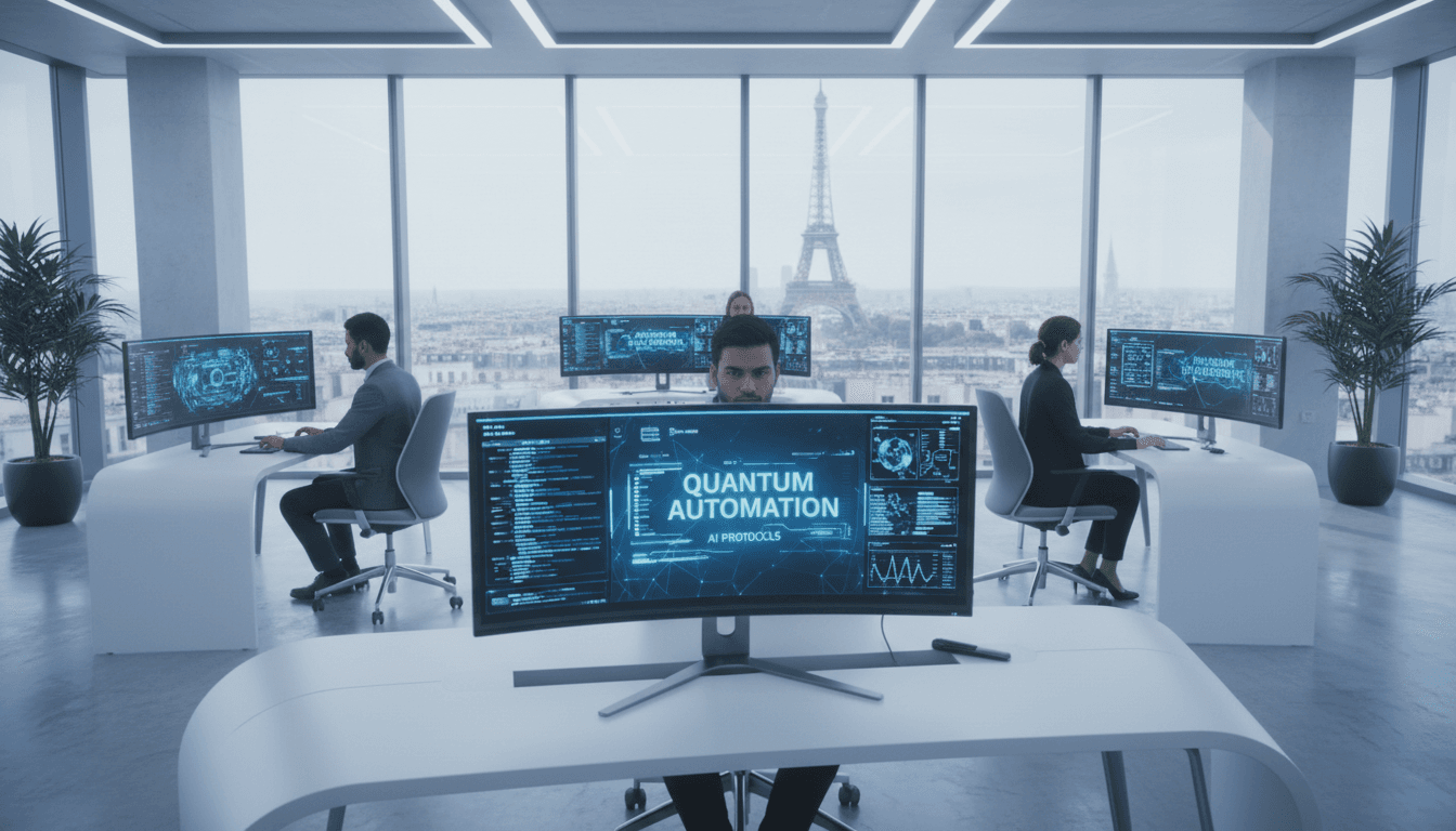 Modern software development workspace with AI dashboards and automation tools on display